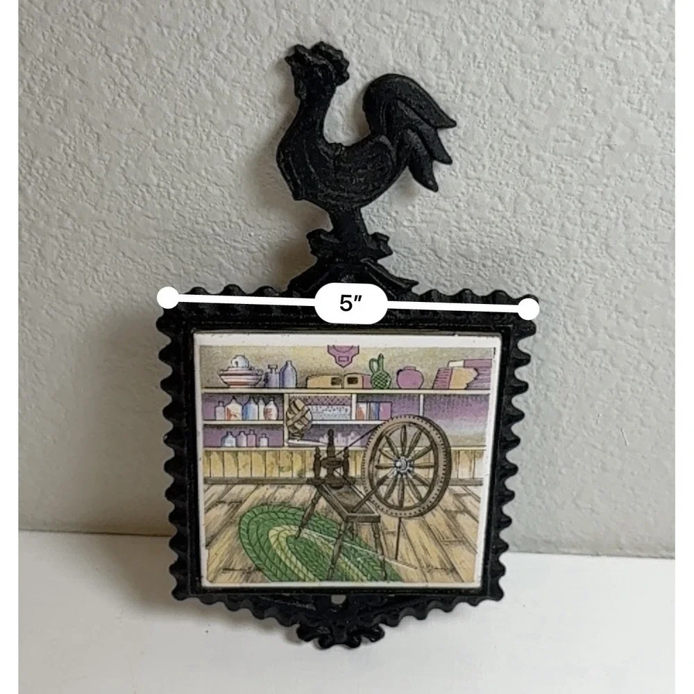 Vintage Japan Cast Iron Rooster Trivet Wall Plaque Ceramic Tile Spinning Wheel